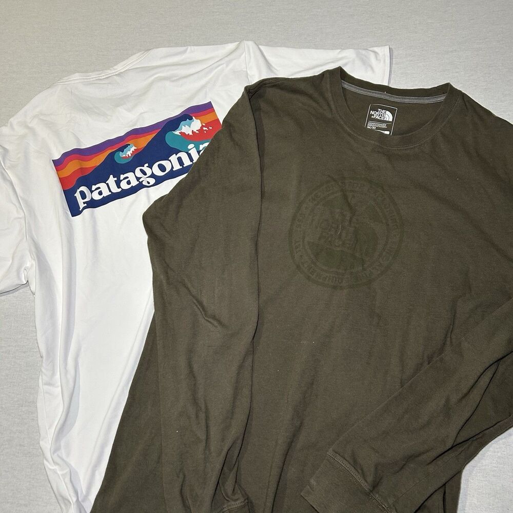 2 M tees white Patagonia short-sleeve Capilene, olive green The North Face